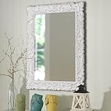 Sintosin Vintage Floral Rectangle Mirrors for Wall 31 X 23 Inch, Hanging Distressed White Carved Wood Frame Flowers Bathroom Mirrors for Over Sink, Glam French Country Mirror, Horizontal or Vertical