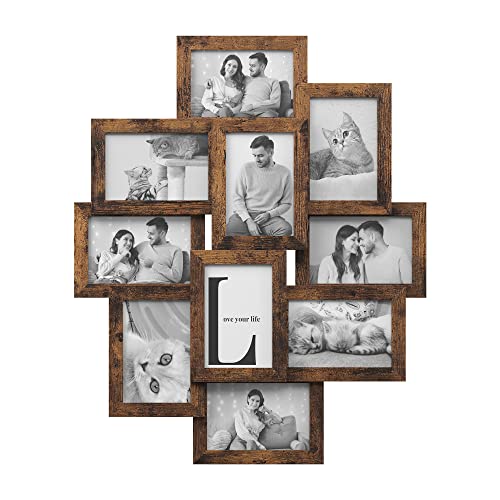 SONGMICS 4x6 Collage Picture Frames for Wall Decor, 10 Pack Family Photo Collage Frame Set for Gallery, Glass Front, Assembly Required, Rustic Brown URPF020X02
