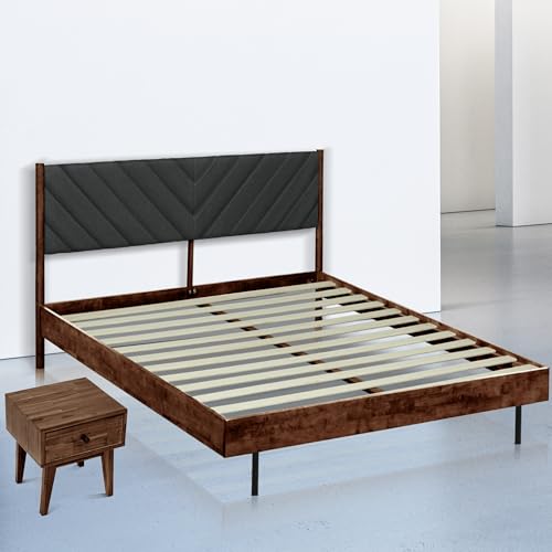 Acacia Astoria Bed Frame with Sofia Nightstand - The Perfect Bedroom Set with Solid Wood Quality, Elegant Fabric Headboard and 5-Year Warranty, King Size Beds, Walnut