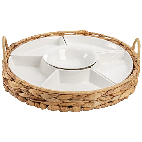 AVLA Ceramic Divided Serving Dishes, Porcelain Relish Tray, Party Appetizer Platter, 6 Removable Snack Bowls with Cattail Basket for Chips and Dips, Candy, Nut, Condiment, Veggie, Portable Handle