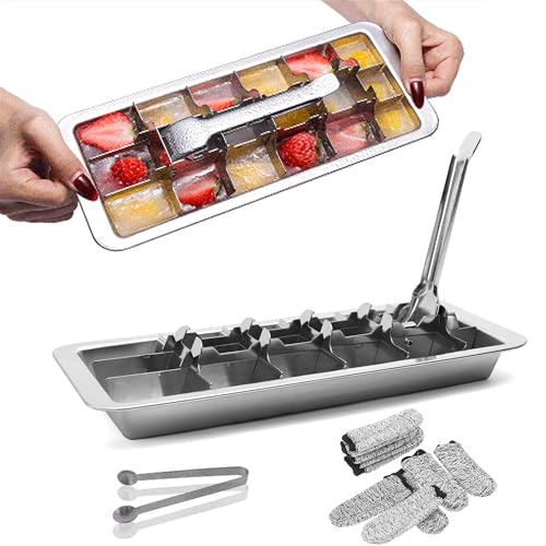 GHAHILI Stainless Steel Ice Cube Trays, Metal Ice Cube Trays for Freezer Vintage Inspired Design with Release Lever Remove Handle for Making Large Cubes Kitchen & Bar (Silver+Tweezers & Finger Gloves)