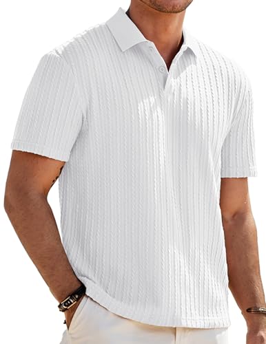 JMIERR Mens Polo Shirt Short Sleeve Casual Beach White Button Up Vacation Knit Shirt Texture, M