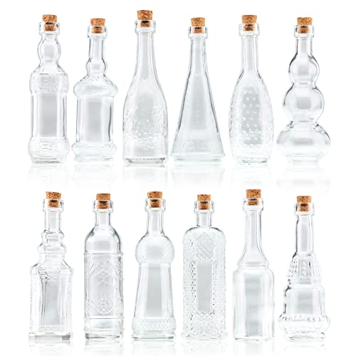 BULK PARADISE Small Mini Clear Vintage Glass Bottles with Corks, Mini Vases, Decorative, Potion, Assorted Design Set of 12 pcs, 4.6 Inch Tall (11.43cm), 1.4 Inch Wide (3.56cm)