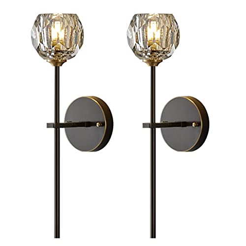 BOKT Mid Century Matte Black Crystal Wall Sconce Lighting Set of 2 Modern Long Metal Wall Light Set of Two 1-Light Clear Glass Wall Lamp Retro Industrial Crystal Bathroom Vanity Light Fixture