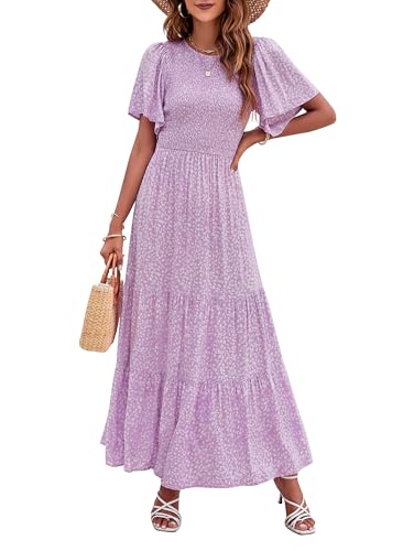 ZESICA Women's 2025 Summer Casual Floral Print Short Flutter Sleeve Crew Neck Smocked High Waist Flowy Maxi Dress,Purple,Small