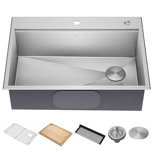 KRAUS Kore 30-Inch Drop In/Top Mount Workstation 16 Gauge Single Bowl Stainless Steel Kitchen Sink with Accessories, KWT310-30