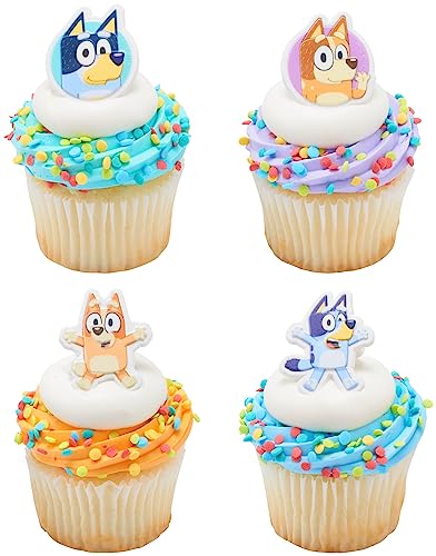 DecoPac Bluey So Much Fun Rings, 24 Cupcake Decorations Featuring Bluey, Bingo, Bandit, and Chilli, 3D Food Safe Cake Toppers – 24 Pack