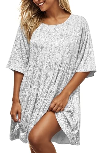 MAYSTEPPE Sparkly Glitter Dress, Sequin Babydoll Summer Dress Short Flowy Tiered Tunic Dress for Women Party Club Night(Silver)