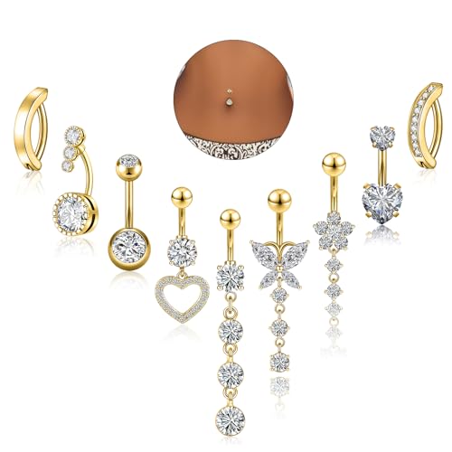 Beautidots 9PCS Belly Button Ring Gold Dangle Stainless Steel Belly Rings 14G 1.6MM Belly Piercing Cute Navel Ring Piercing Jewelry Belly Ring for Women