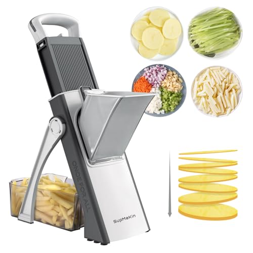 SupMaKin Upgrade Safe Mandoline Slicer for Kitchen, Bigger Size Adjustable Vegetable Chopper,Potato Slicer Fry Cutter, Kitchen Chopping Artifact (GrayWhite)