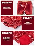 Casey Kevin Men's Holographic Metallic Short Sparkly Shiny Short Pants Rave Outfit Hot Shorts with Pockets and Drawstrings (A4-Red,Medium)