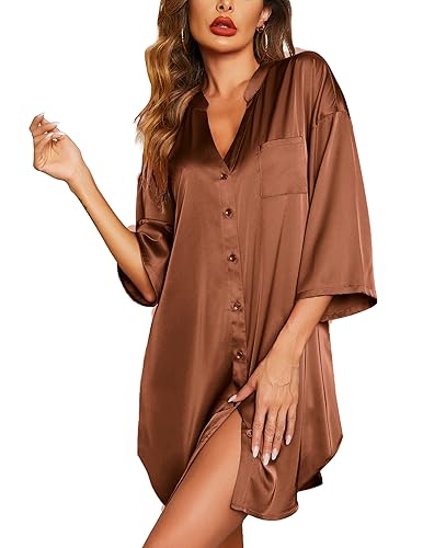 Ekouaer Sleepshirt Women V Neck Satin Nightgown Button Down Night Shirt Silk Sleep Dress Brown