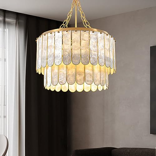 Weibath 5-Light Chandelier Shell 2 Tiered Faceted Gold Chandeliers for Dining Room Modern Pendant Lighting