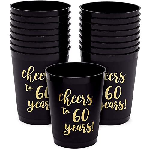 Sparkle and Bash 16 Pack Cheers to 60 Years Plastic Party Cups - 60th Birthday Decorations for Men and Women, & Anniversaries (Black, 16 Oz)