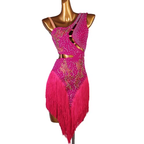 BiLkar Cutout Latin Dance Dress Full Diamond Cha Cha Costume Fringe Ballroom Competition Dancewear Dance Outfit Rose Red