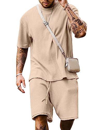 Babioboa Men's Tracksuit T Shirt Sirt and Shorts Set Solid Waffle Jersey Tee Short Suit 2 Piece Outfits(Khaki,XXL)