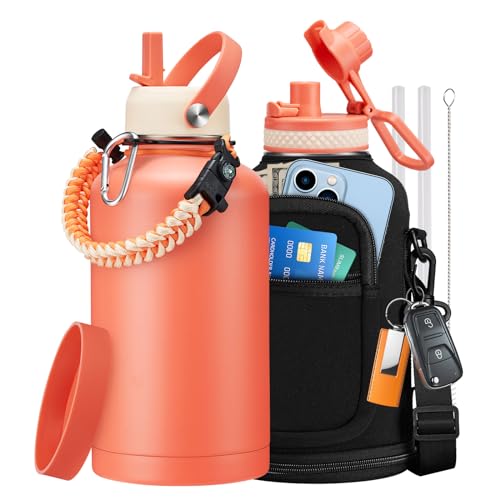 64 oz Water Bottles Insulated - Cold 48H Hot 24H, Half Gallon Water Jug w/ Straw & Spout Lid, Handle Strap Carrier Bag, Leak Proof 2Liter Stainless Steel Thermo Flask for Gym Sports Work Coral Orange