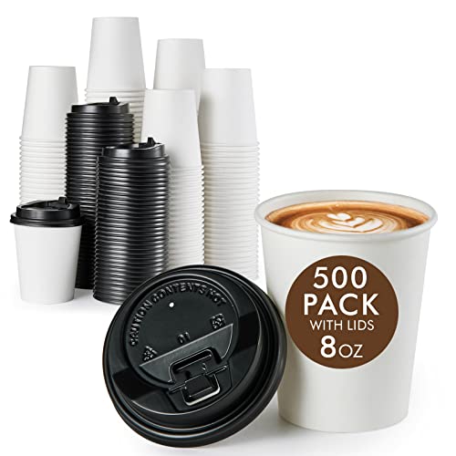 Vplus 500 Pack 8 OZ Paper Coffee Cups, Disposable 8 OZ Coffee Cups With Lids, Cold/Hot Drinking, For Home, Traveling, Stores, Office, And Events