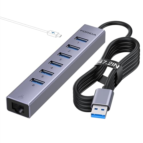7 Ports USB3.0 Hub, USB Ethernet HUB with 3.9ft Long Cable for Laptop, USB Splitter with Gigabit Ethernet Port and 5V/3A Power Port, MultiPort Aluminum Expander for Laptop, iMac, PC, Flash Drives