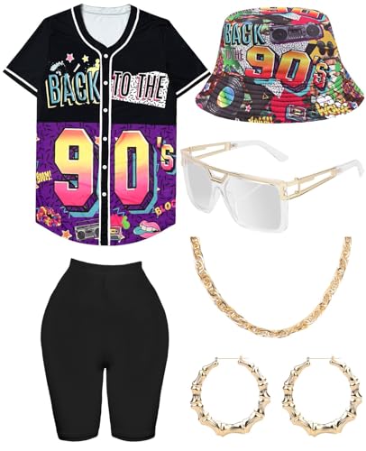80s 90s Outfit for Women, Unisex Hip Hop Costume Baseball Jersey Shirt Yoga Pants Bucket Hat Gold Chain Rapper Accessories