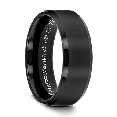 Personalized Black Brushed Men's Tungsten, Custom Engraved Ring, Black Wedding Band, Fiancé Engagement Ring, 8mm Men's Ring- Made in USA