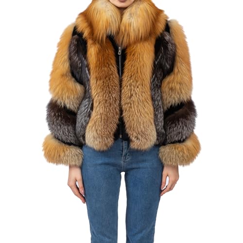 LVCOMEFF Women Natural Red Fox Silver Fox Fur Coat Furry Luxurious (Medium)