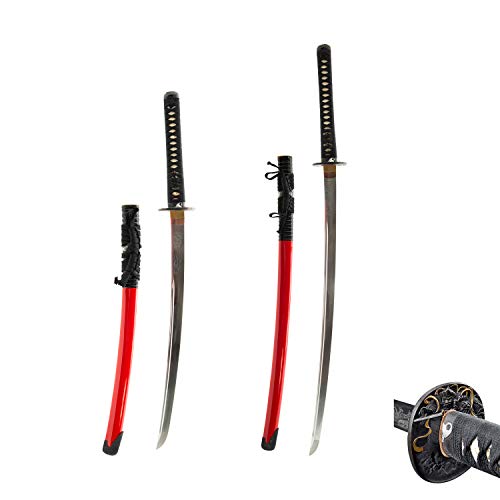 HMS Japanese Samurai Katana and Wakizashi Daisho Combo Set, Kami/Fudo Myoo Tsuba, Hand Forged Heat Tempered, 1045 Carbon Steel, Sharp, Battle Ready