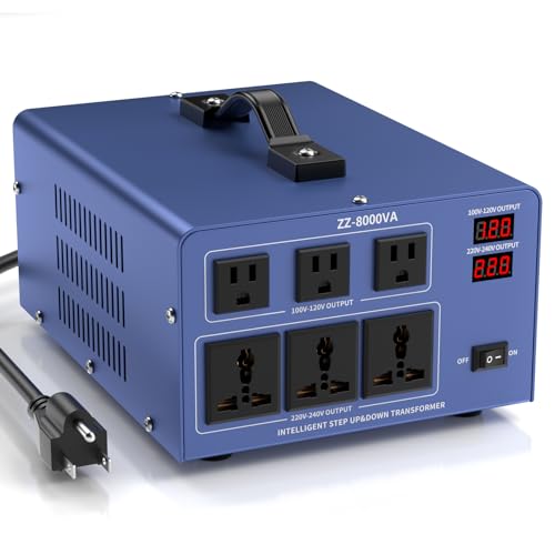 8000W Voltage Converter Auto Transformer,110/120/220/240V Heavy Duty Step Up/Down Power Converter Transformer with 3 US Outlets,3 Universal Outlets, LCD Display,Resettable Circuit Breaker Protection