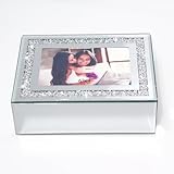 QMDECOR Crushed Diamond Mirrored Jewelry Box With Photograph 4x6inch On Top, Silver Glass Bling Jewelry Organizer Photo Picture Frame Storage Box For Gift