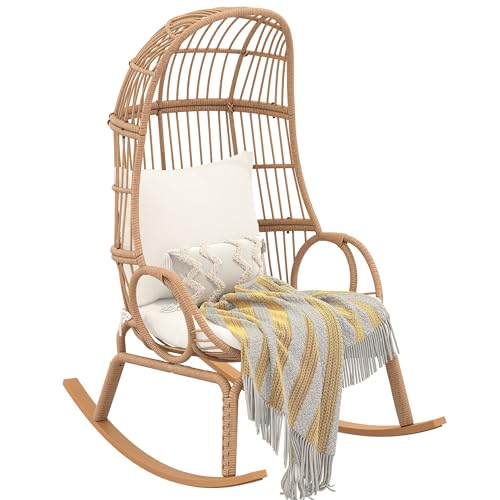 YITAHOME Rocking Egg Chair Outdoor, 370lbs Capacity Wicker Patio Basket Chair, All-Weather Small Egg Lounger Chair for Indoor Outside (Beige)