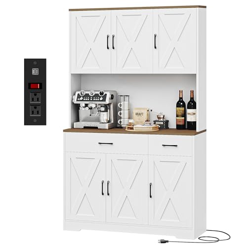 HOSTACK 71" Pantry Cabinet with Charging Station, Tall Kitchen Pantry Storage Cabinet with Microwave Stand, Farmhouse Kitchen Hutch with Storage Drawers for Living Room, Dining Room, White