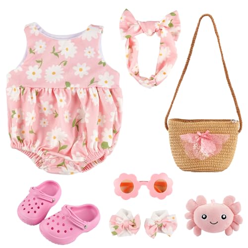 BABESIDE 7 Pcs Reborn Baby Doll Clothes for 17-20 Inch Dolls, Summer Floral Babydoll Clothes with Bag Headband and Doll Shoes for Realistic Baby Dolls Accessories, Pink