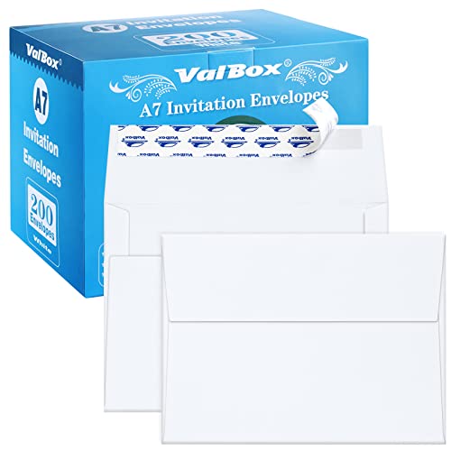 ValBox 200 Qty A7 Invitation Envelopes 5 x 7, 120GSM White Kraft Paper Envelopes for 5x7 Cards, Self Seal, Weddings, Invitations, Baby Shower, Stationery, Office, 5.25 x 7.25 Inches