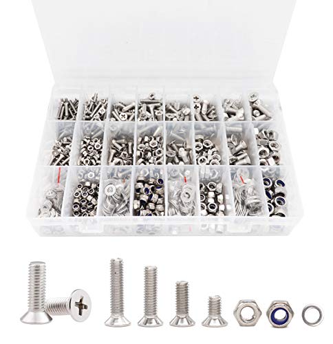 binifiMux 1020pcs M3 M4 M5 M6 Flat Phillips Countersunk Head Machine Screws Bolts Nuts Washers Assortment Kit, 304 Stainless Steel, Silver Tone