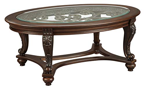 Signature Design by Ashley Norcastle Vintage Oval Coffee Table with Beveled Glass Top & Scrollwork Legs, Dark Brown