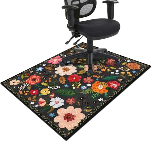 Office Chair Mat for Hardwood & Tile Floor,Boho Floral 36"x48" Office Computer Chair Mat for Rolling Chairs,Under Desk Non Slip Gaming Rug,Rubber Backing Large Low-Pile Carpet Protector Mat(Black)