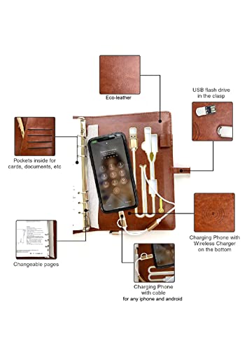 Gifts for Business Travelers Phone Charging Executive Leather Notebook with Qi Wireless Charger, 16 GB USB Thumb Drive, Travel Portfolio Organizer (Brown)