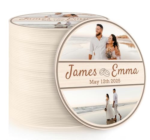 60 Pack Personalized Wedding Coasters, Custom Cardboard Coasters for Drinks with Photo Print and Text, Keepsake Wedding Favors and Gifts for Couples, 3.95" Round (Design 8)