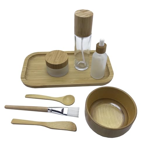 BEECO GIF2U Face Mask Mixing Bowl Set Bamboo,8 Pcs Diy Facemask Mixing Tool Kit With Facial Mask Bowl,Spatula,Spoon,Brush,Empty Refilable Lotion Pump Bottle,Cream Jar and Dropper Bottle and Tray