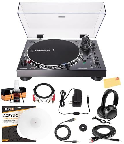 Audio-Technica AT-LP120XBT-USB Wireless Direct-Drive Turntable with Bluetooth, Analog, and USB Outputs - Black Bundle with Headphones, Cable, Slip Mat, Cleaning Kit, and Austin Bazaar Polishing Cloth