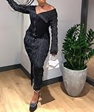 Women's Maxi Off The Shoulder Dress Flare Long Sleeve Button Down Split Ruffle Gauze Sheer Bandage Sexy Party Dresses Black