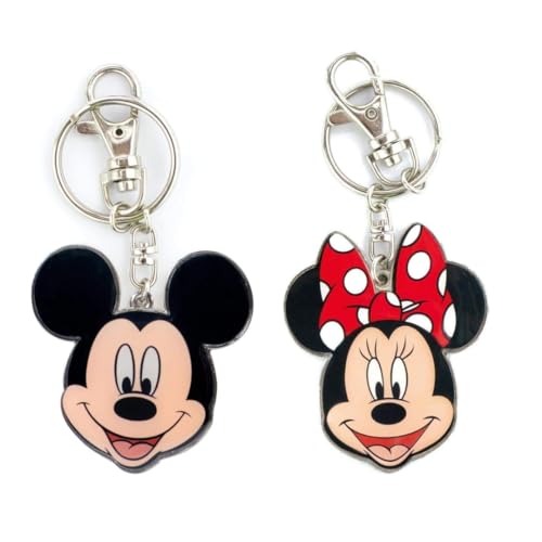Disney Mickey Mouse and Minnie Mouse Two Sided Colored Pewter Keychains Bundle, 2 inches each