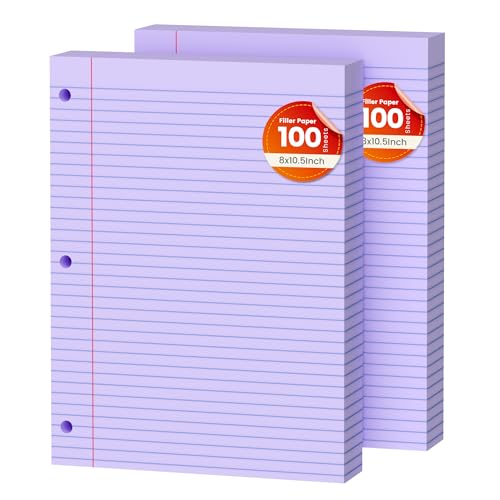 Purple Loose Leaf Paper 200 Sheets Colored Filler Paper 2 Pack 8 * 10.5 College Ruled Paper 3-Hole Punched Paper for 3-Ring Binders Notebook Lined 8" x 10.5"