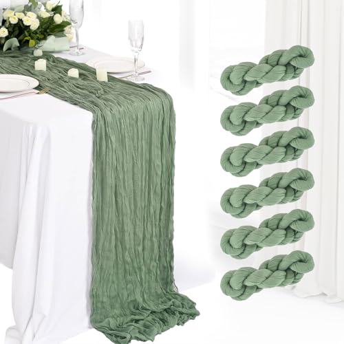 6 Pack Cheesecloth Table Runner 10Ft Boho Gauze Table Runner Cheese Cloth Long Rustic Sheer Table Runner for Wedding Bridal Baby Shower Birthday Party Cake Table Arbor Decorations (Sage Green)