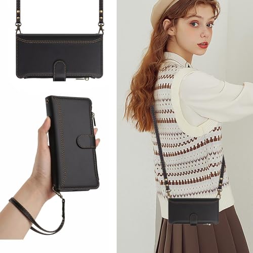 PONRFEKT for Xiaomi Redmi A3 4G / A3X 4G Phone Case,Flip Case Leather Wallet Case with 9 Card Holder Zipper Wallet with Lanyard Wristlet Protective Phone Cover,Black