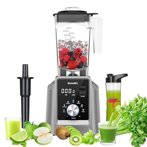 Biolomix Professional Blender, 2200W 6 Automatic Program Blender for Kitchen, Smoothie Blender 70 Oz Capacity with 600 ML Portable Bottle, Ice Blender for Frozen Drinks, Soup, Baby Food（Grey）