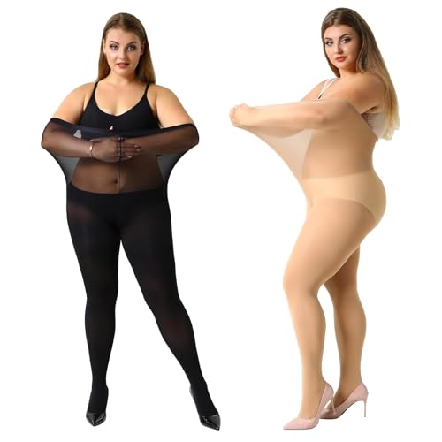MANZI Women's 2 Pairs Plus Size Control Top Ultra-Soft Casual Tights XXXL