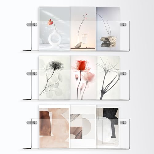 GENMOUS 3 Pack Clear Acrylic Magazine Holder - Wall Mount Hanging Bookshelf Literature Storage Rack - Brochure File Display Shelf for Waiting Room, Living Room, Office, Home Wall Book Racks