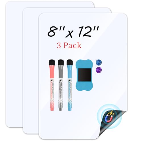 Magnetic White Board for Fridge 8”x12” 3 Pack Small Dry Erase Board for Kitchen Organizer and Planner, Fridge Whiteboard for Family to-do List, Includes Markers and Eraser