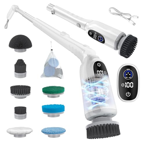 Electric Spin Scrubber, 2025 Upgraded Cordless Bathroom Scrubber with Adjustable Telescopic Handle, 8 Brush Heads, LED Display, 3 Speeds, IPX7 Waterproof Bathroom Electric Shower Cleaning Brush